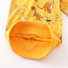 A yellow kids dinosaur print pullover sweatshirt shown flat lay.