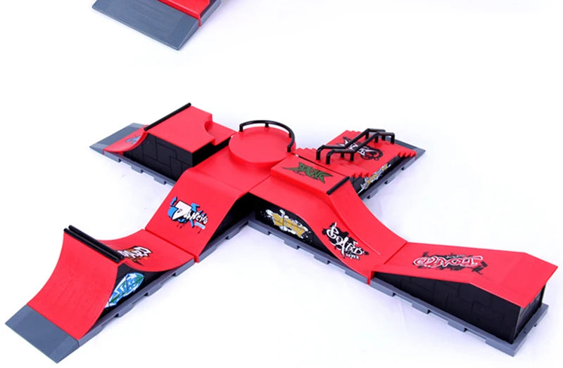 A red finger skateboard park set featuring ramps and a board, shown from above.