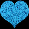 A heart shape filled with light blue cylindrical polymer clay candy sprinkles for cake decorating