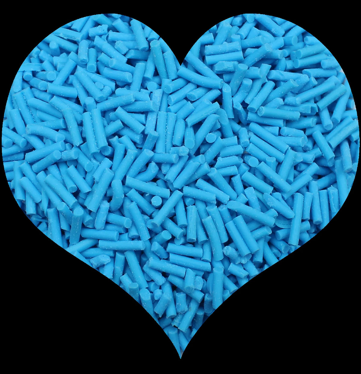 A heart shape filled with light blue cylindrical polymer clay candy sprinkles for cake decorating