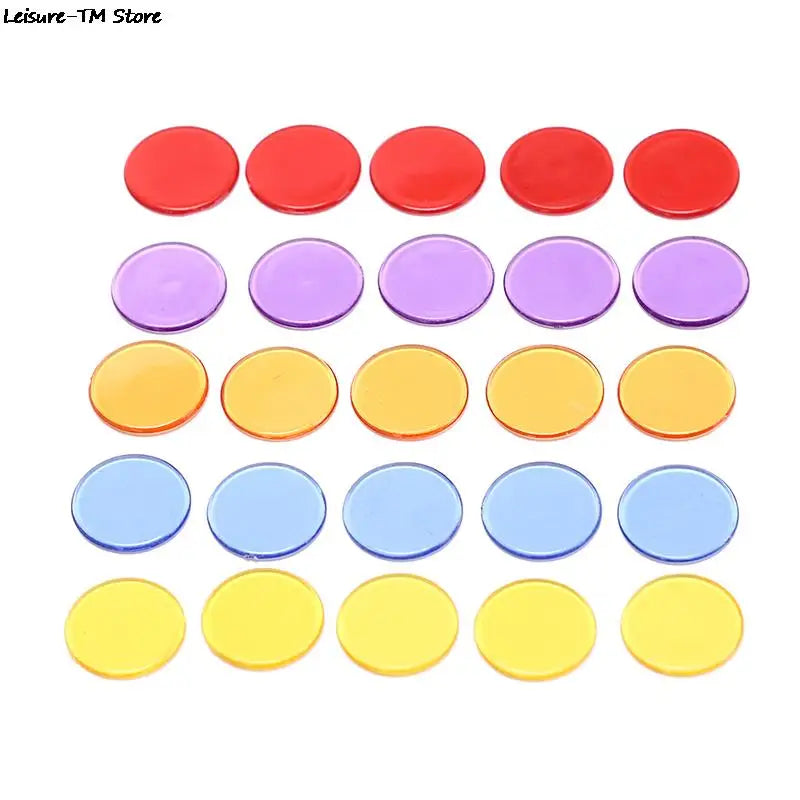 A set of colorful plastic bingo chips in red, pink, purple, and yellow for games and classrooms
