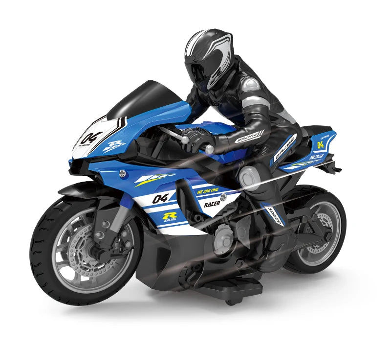 A black and blue 1:10 scale remote control stunt motorcycle with a rider figure.