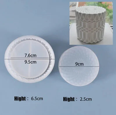 A set of flexible silicone molds for making vases and planters, shown with various sizes and a finished product.