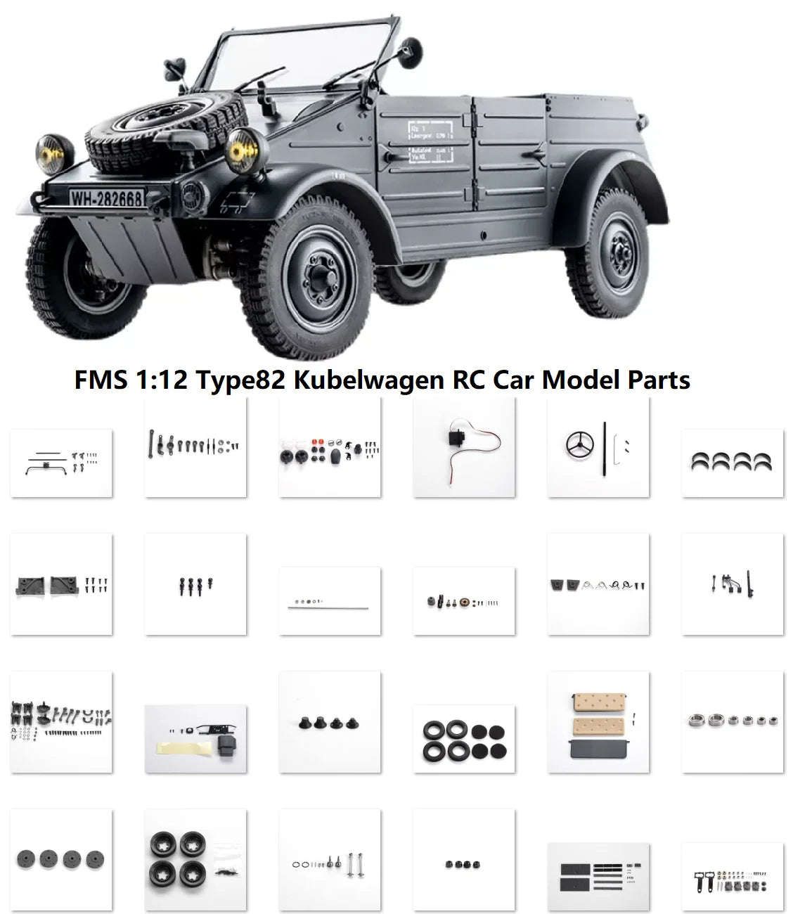 A set of parts for an FMS 1:12 Type82 Kubelwagen RC Car model, including steering wheel and interior components.