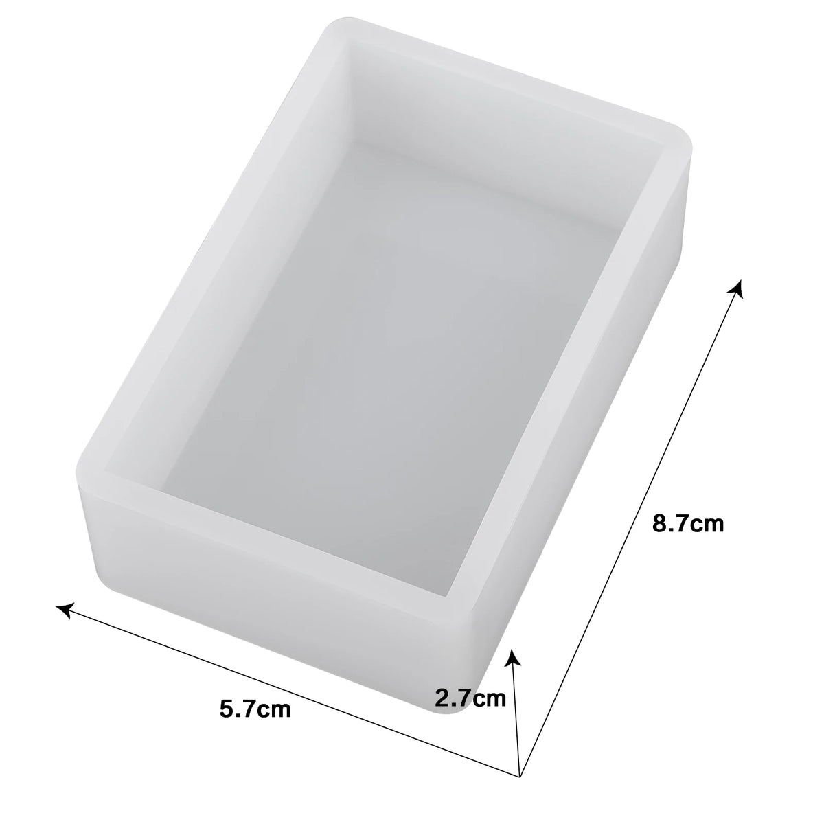 A white geometric resin casting mold with dimensions 5.7cm by 2.7cm and a depth of 8.7cm.