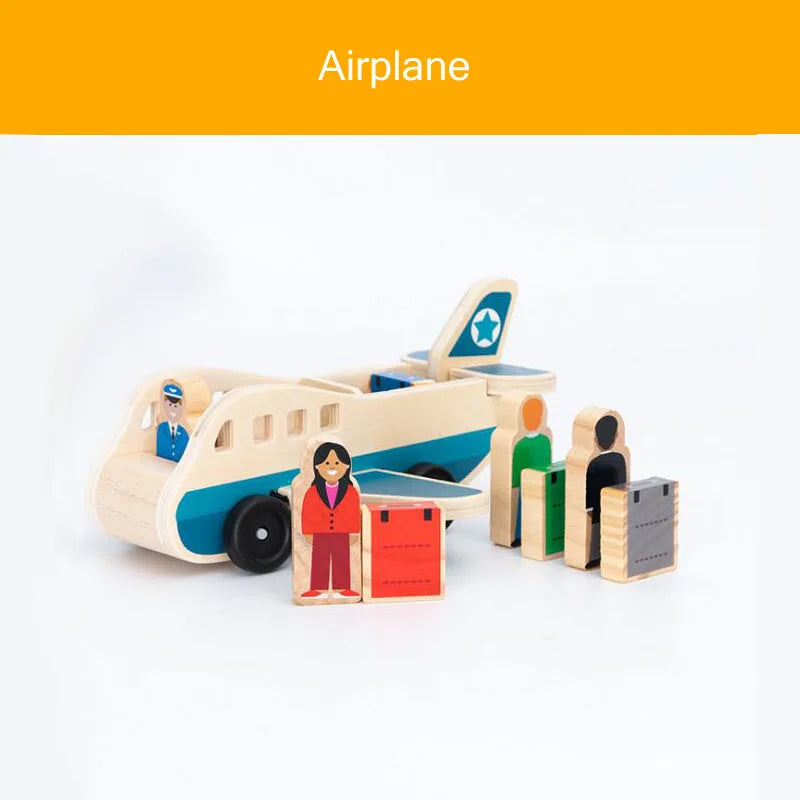 Wooden train track accessories set featuring an airplane and a gas station scene.