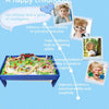 A wooden train track set featuring airport and gas station scenes used to enhance children's cognitive skills.