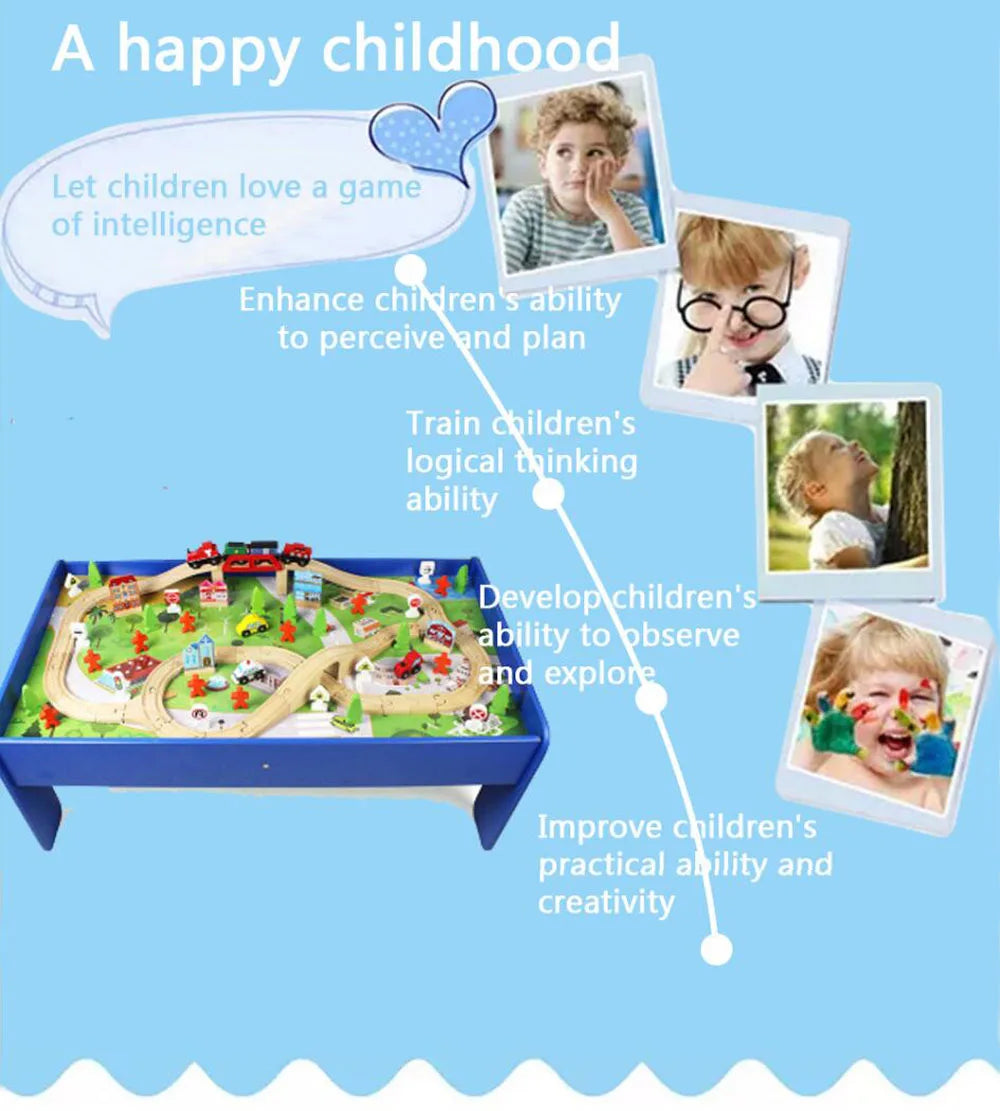 A wooden train track set featuring airport and gas station scenes used to enhance children's cognitive skills.
