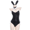 Black faux leather bunny girl cosplay costume set with a black bow and ears