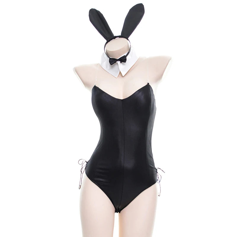 Black faux leather bunny girl cosplay costume set with a black bow and ears