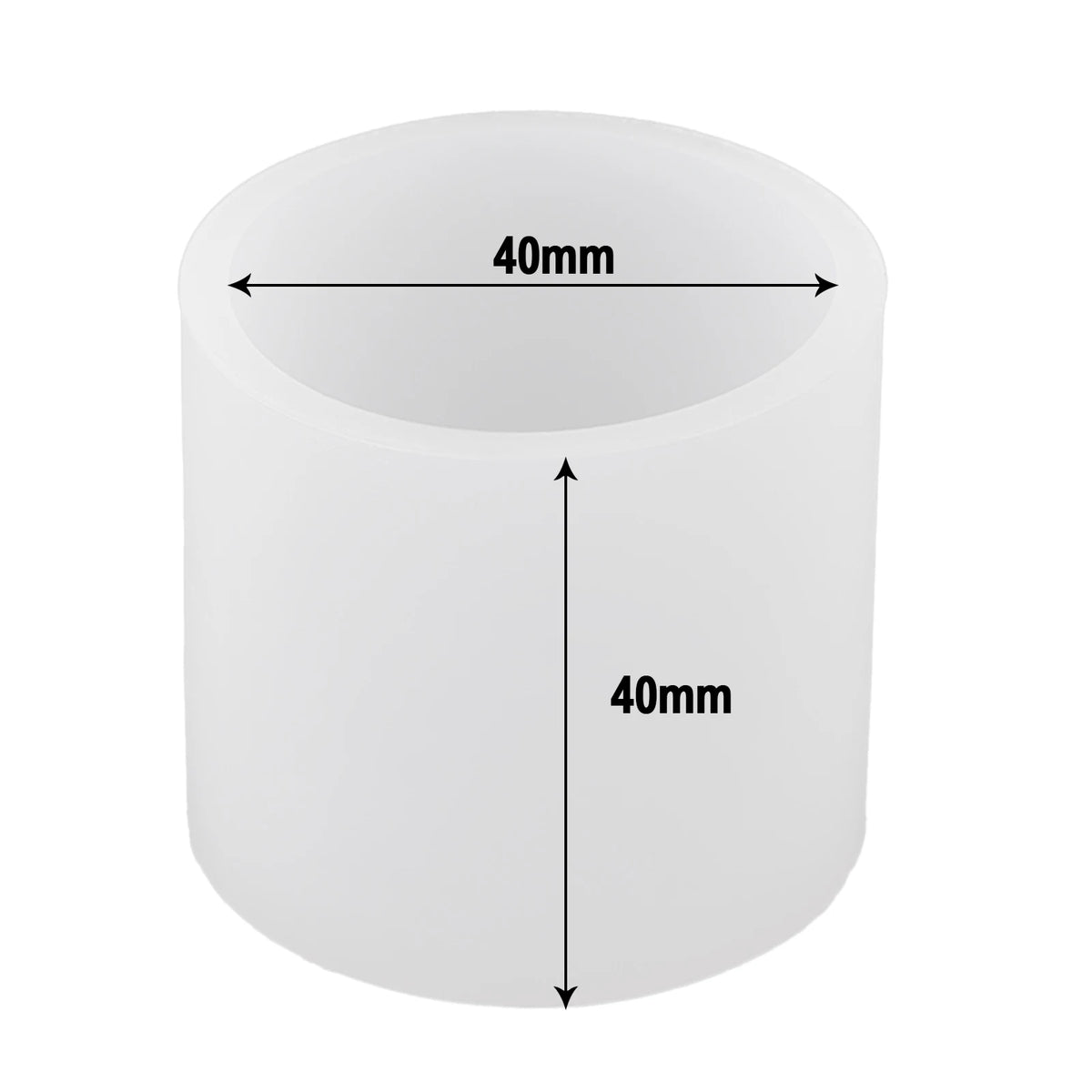 A white cylindrical resin casting mold with dimensions marked at 40mm.