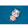 A small model of a panda made from white and gray building blocks resting on a blue surface.