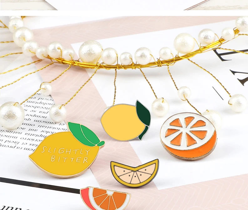 Fresh Fruit Enamel Pins Set — Lemon & Orange Brooches