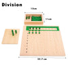 Wooden Montessori math learning set featuring a spindle box and geometric shapes on a wooden board