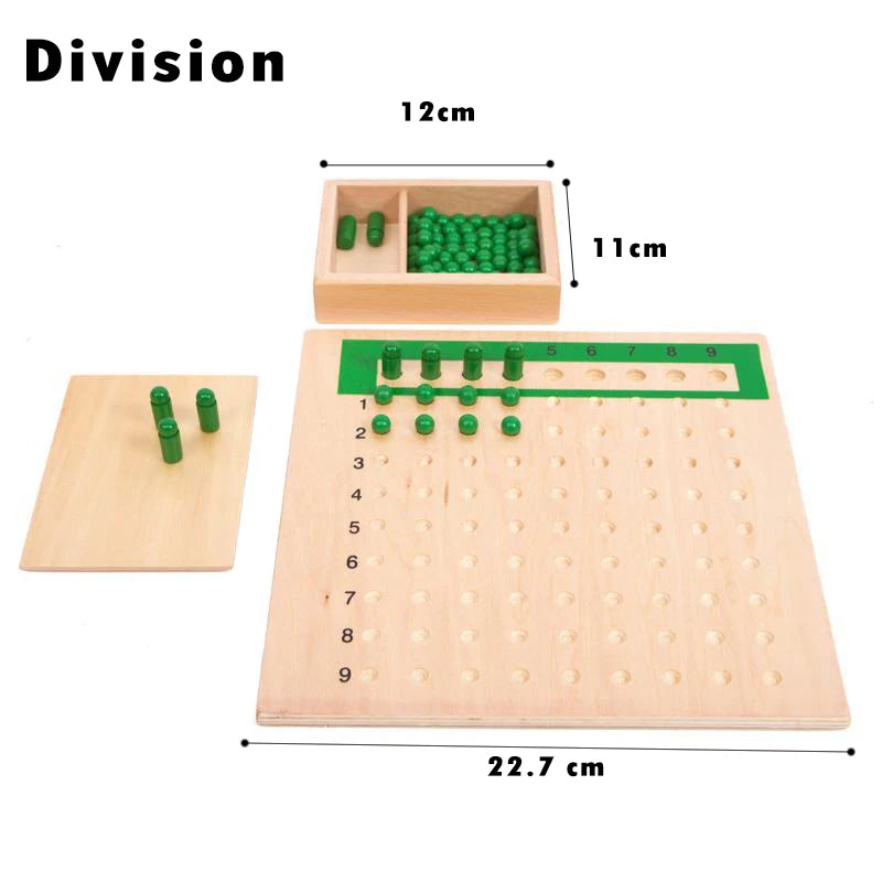 Wooden Montessori math learning set featuring a spindle box and geometric shapes on a wooden board
