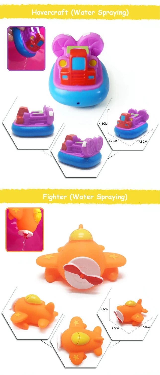 A set of cartoon soft rubber bath toys featuring a vehicle and an animal design, designed for water spraying.