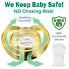 A golden silicone pacifier with a clear center and clip, emphasizing safety and smooth breathing.
