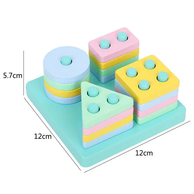 A set of colorful wooden Montessori sensory blocks with music rattles arranged on a light blue base.