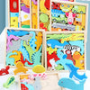 A wooden tangram puzzle board with colorful geometric shapes and various wooden blocks for children's play.