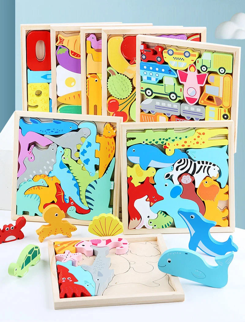 A wooden tangram puzzle board with colorful geometric shapes and various wooden blocks for children's play.