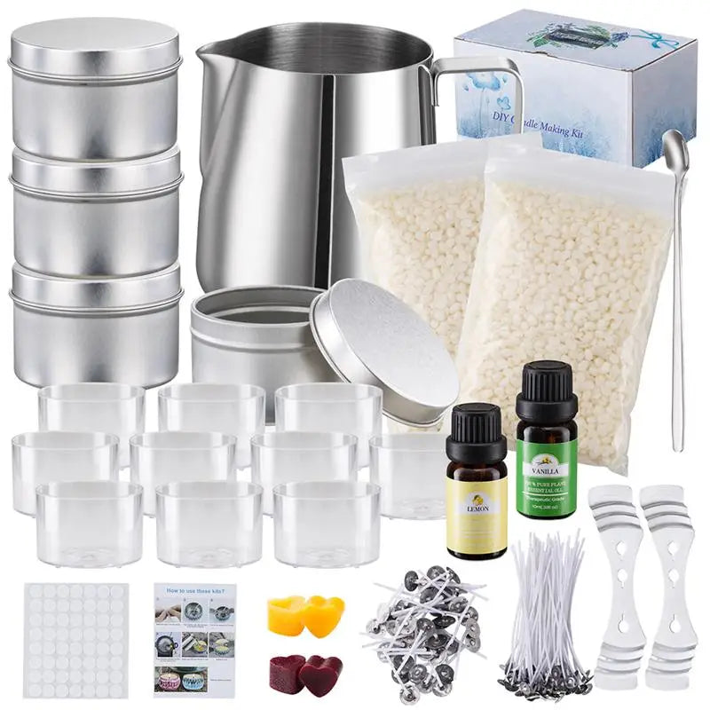 Complete candle making kit including a pouring pot, wicks, and fixator tools.