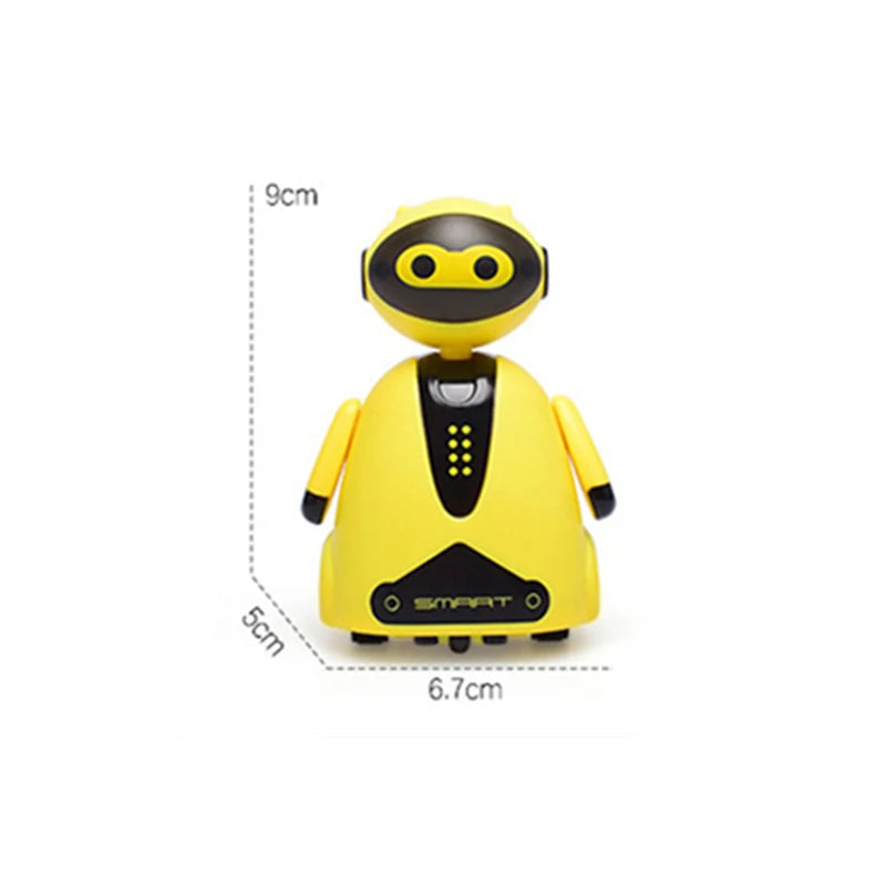 A yellow line-following robot car toy with a black head and pen, shown from above.
