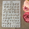 A sheet of flower vine layering stencil showing letters, numbers, and punctuation marks for crafts