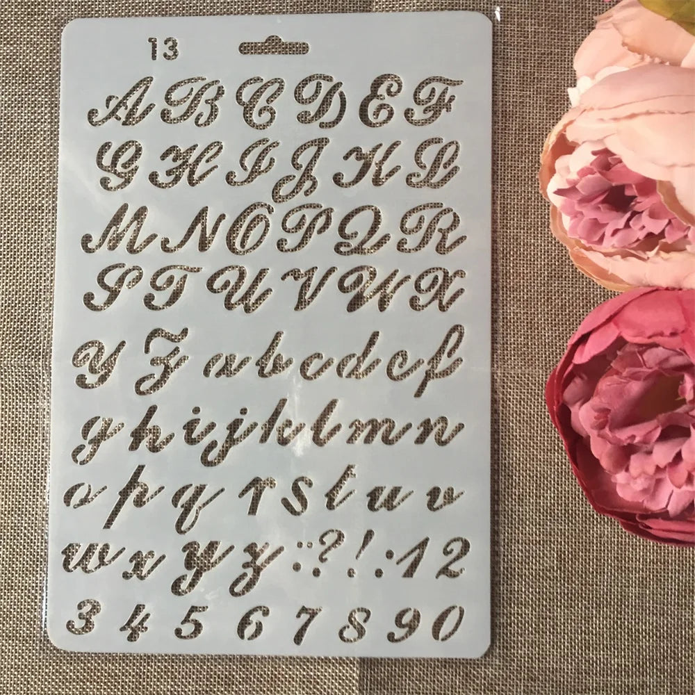 A sheet of flower vine layering stencil showing letters, numbers, and punctuation marks for crafts