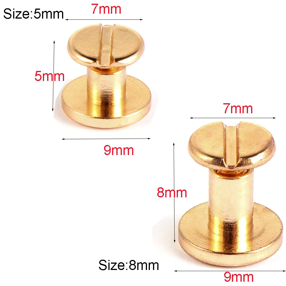 Two brass heart-shaped rivets shown with various sizes and dimensions for leather craft
