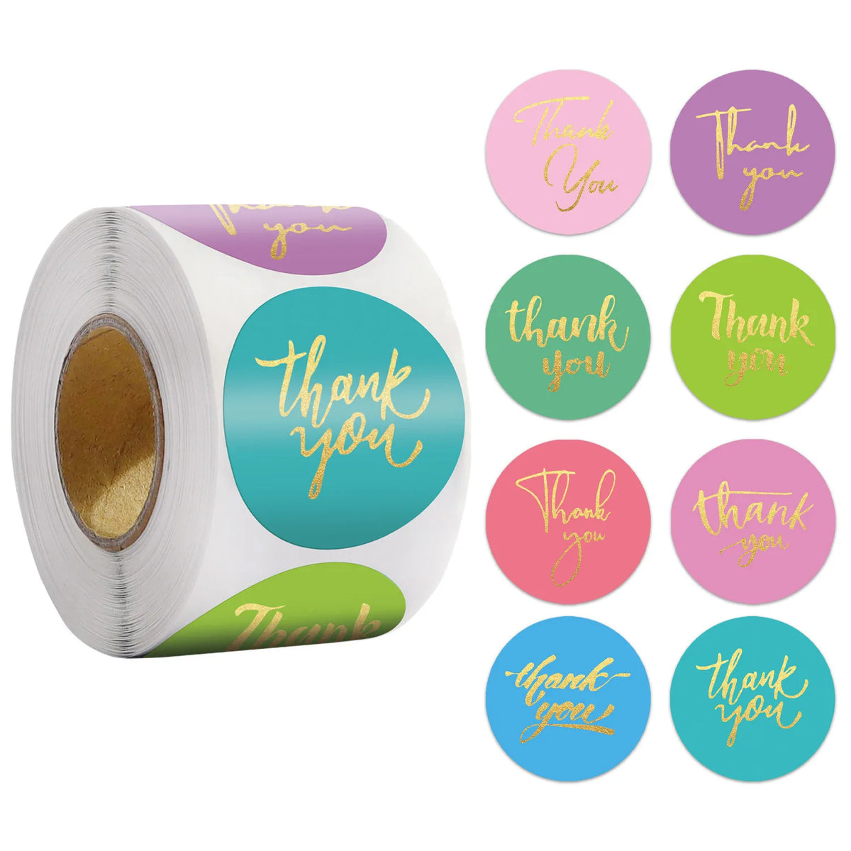 Roll of colorful round thank you stickers in various shades of pink, green, and yellow.