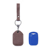 A brown leather key wallet with a lanyard and a blue plastic card holder.