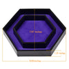 A hexagonal black storage box with a purple velvet interior and dimensions marked.