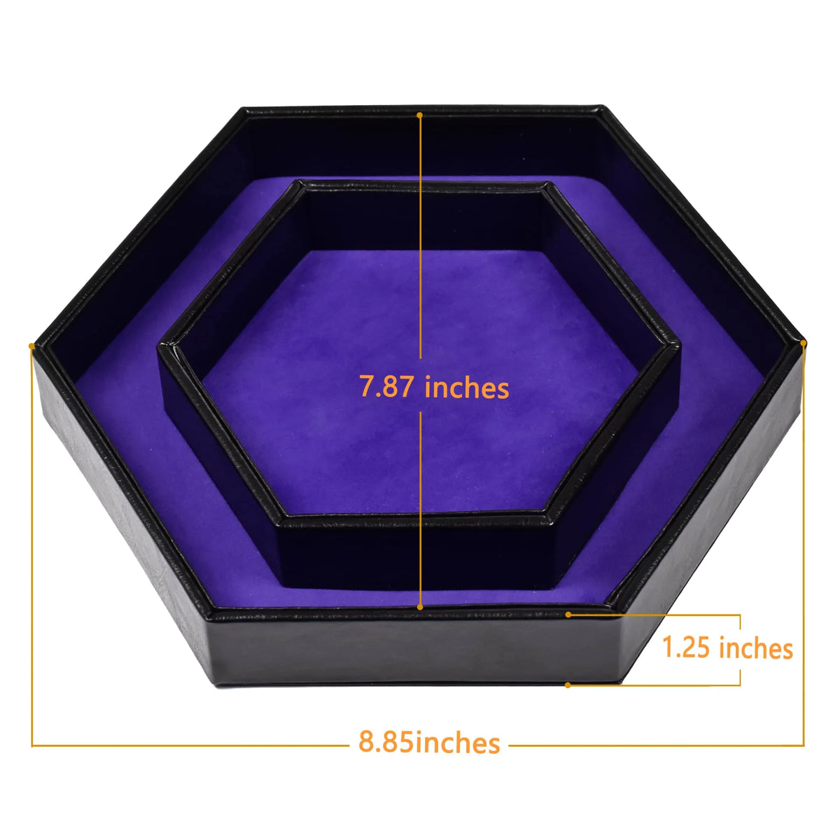 A hexagonal black storage box with a purple velvet interior and dimensions marked.