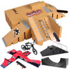 A finger skateboard park set featuring ramps, a board, and various wooden and black plastic components.