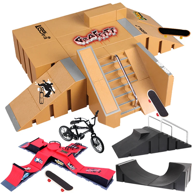 A finger skateboard park set featuring ramps, a board, and various wooden and black plastic components.