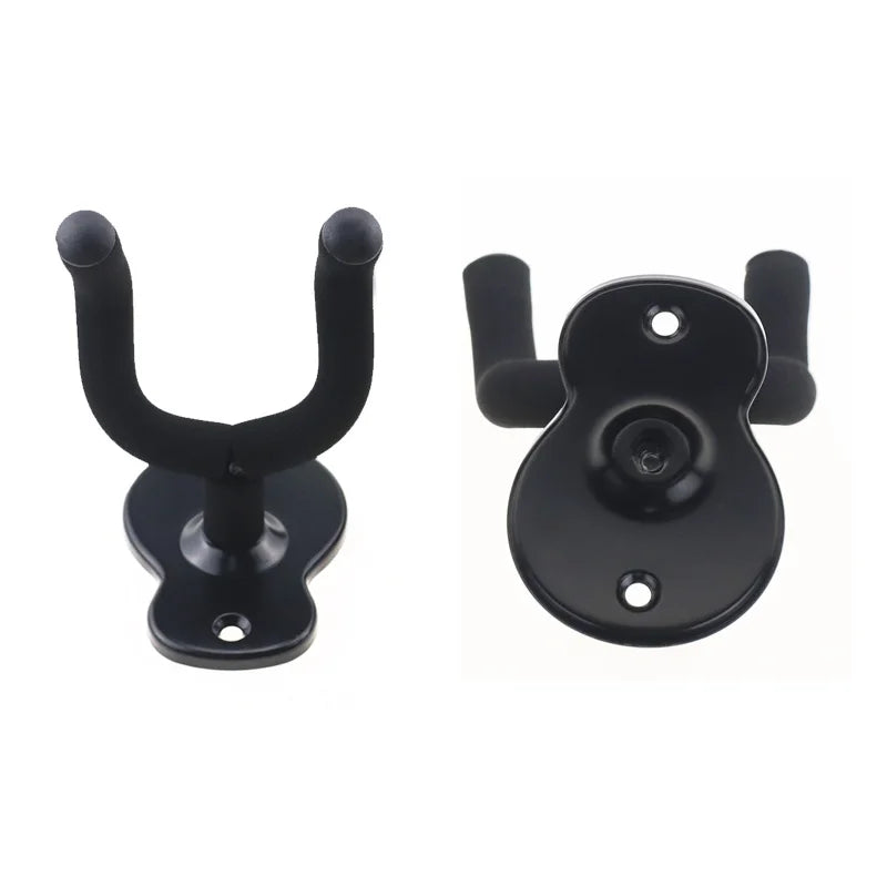 Black wall-mounted guitar hanger with adjustable arms for storing guitars.