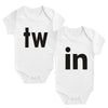 White letter print cotton baby bodysuit featuring the letters tw and in