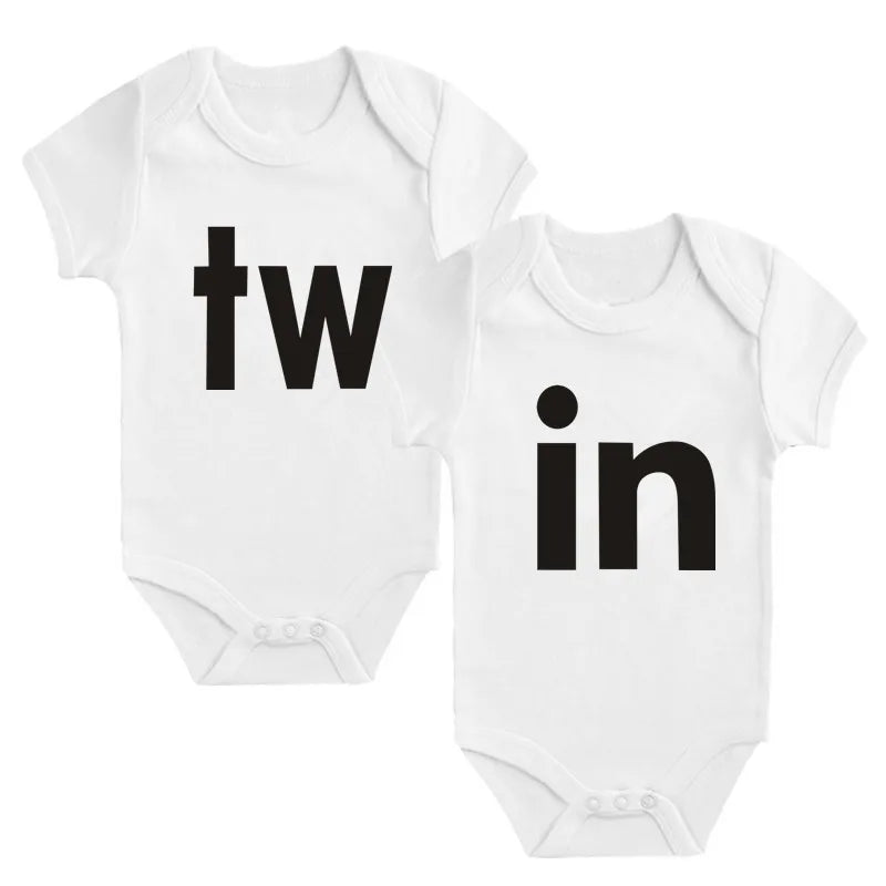 White letter print cotton baby bodysuit featuring the letters tw and in