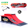 A finger skateboard park set featuring a red ramp and a skateboard board with various accessories.