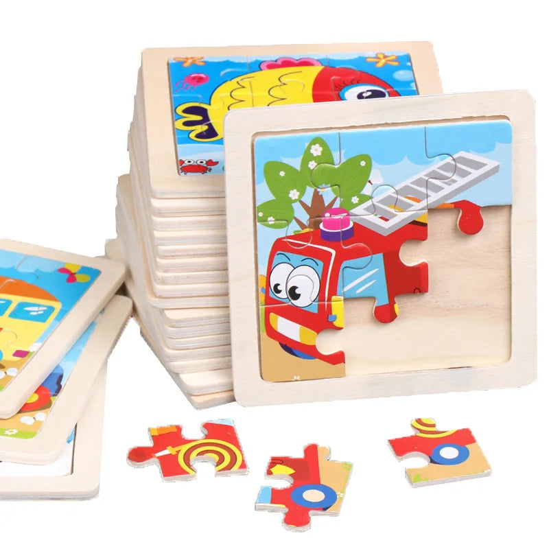 A set of wooden tangram puzzles featuring animal and traffic designs, stacked and laid out.