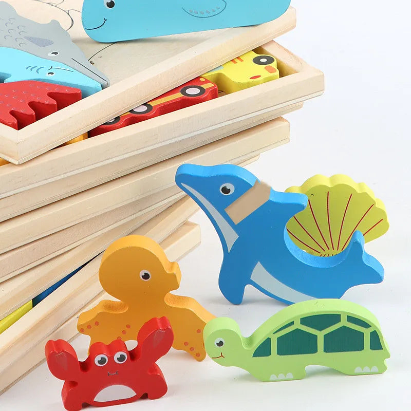 Wooden 3D puzzle board with colorful cartoon animals and fruit shapes for toddlers