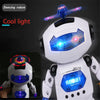 A white dancing robot with blue lights is shown, featuring a cool light feature and a spinning mechanism.