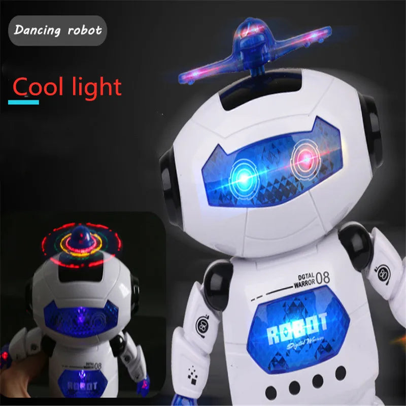 A white dancing robot with blue lights is shown, featuring a cool light feature and a spinning mechanism.