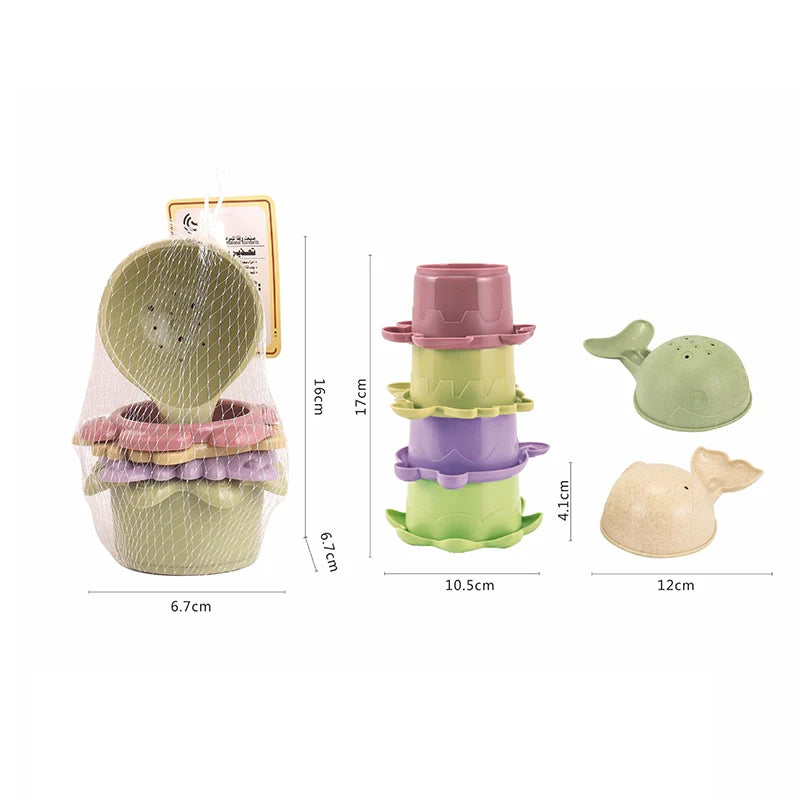 A set of boat-shaped stacking cups bath toys for toddlers in pink, green, and beige colors.