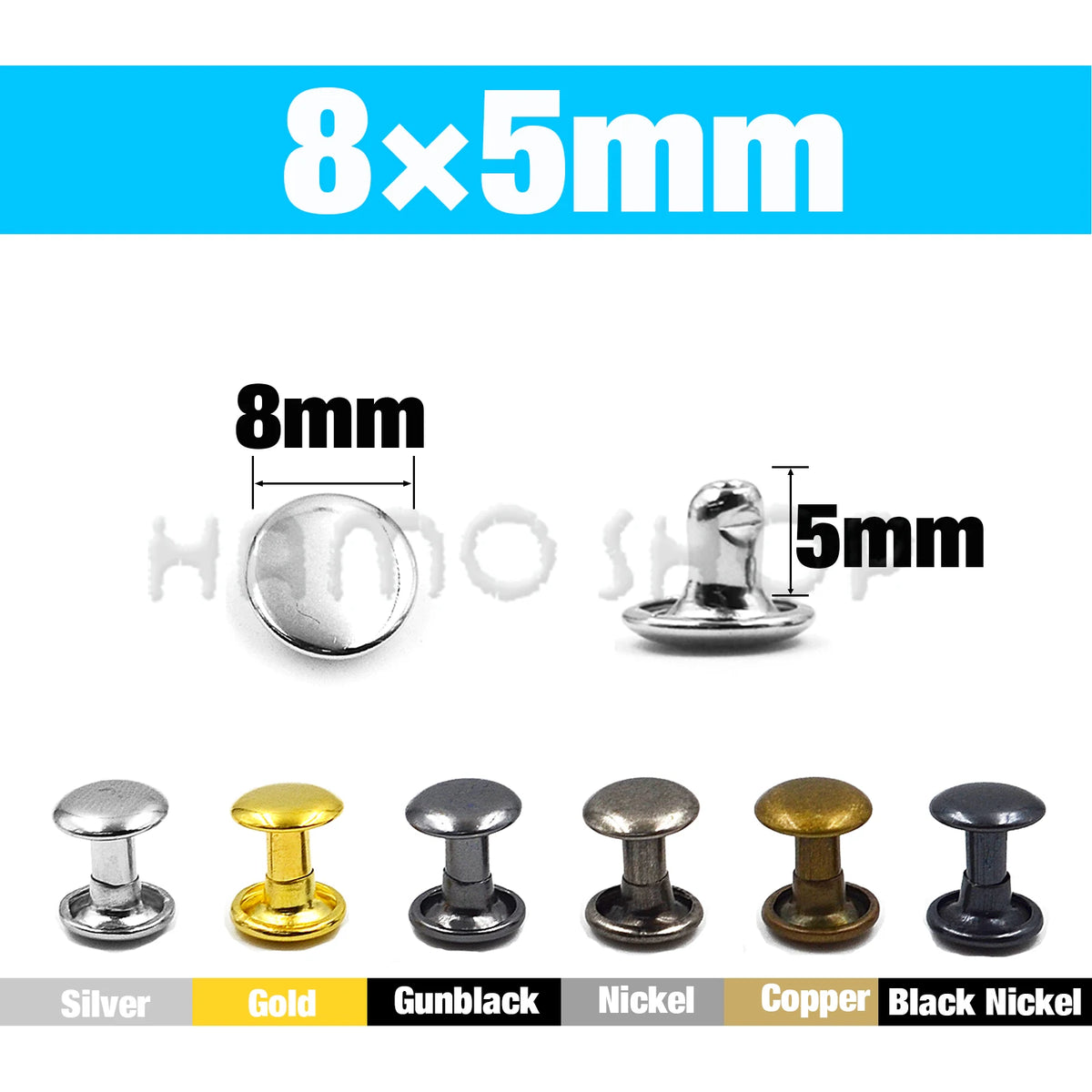 A set of metal double cap rivets in various finishes including silver, gold, gunblack, nickel, copper, and black nickel.