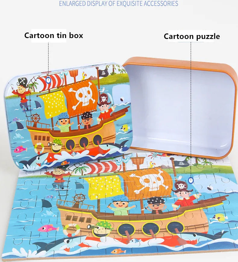 Wooden Jigsaw Puzzle Set for Kids - 60 Pieces of Cartoon Vehicles & Animals