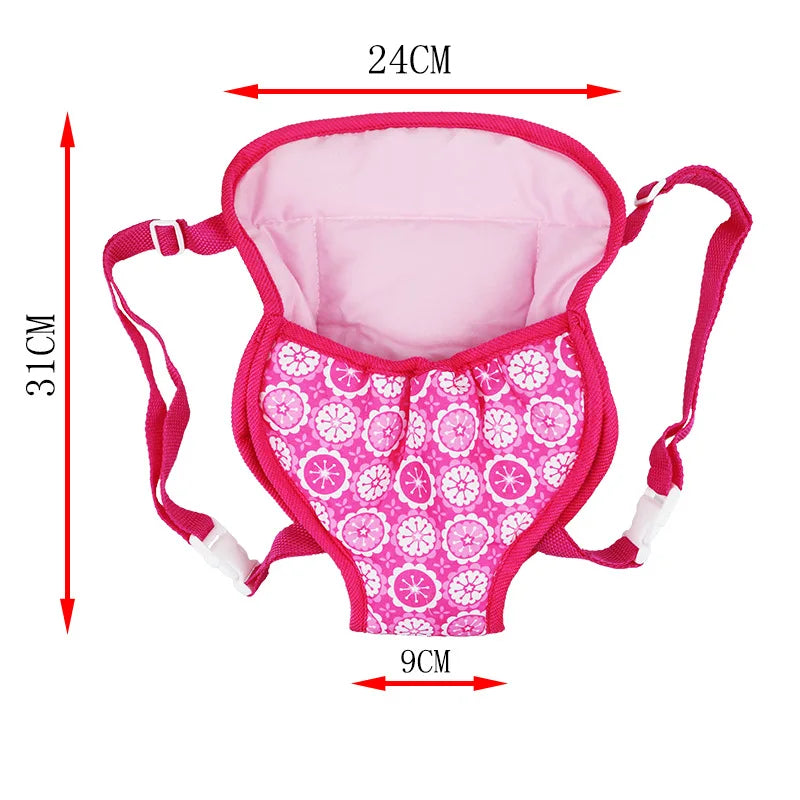 Pink mini backpack designed for 18-inch dolls with pink fabric and straps