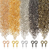 A collection of mini eye pins with screw threads in various colors including gold silver and black.