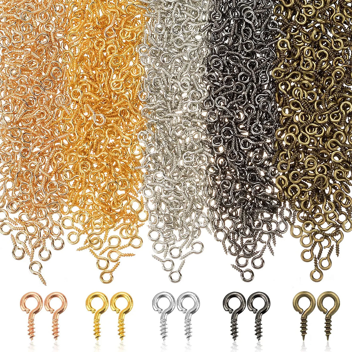 A collection of mini eye pins with screw threads in various colors including gold silver and black.