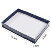 A rectangular blue acrylic tray with measurements indicating its size.
